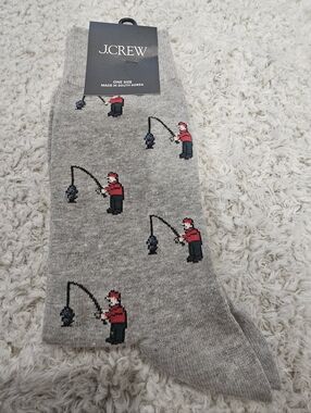 NWT J. Crew Gray Men's Socks with Red Fisherman Motif